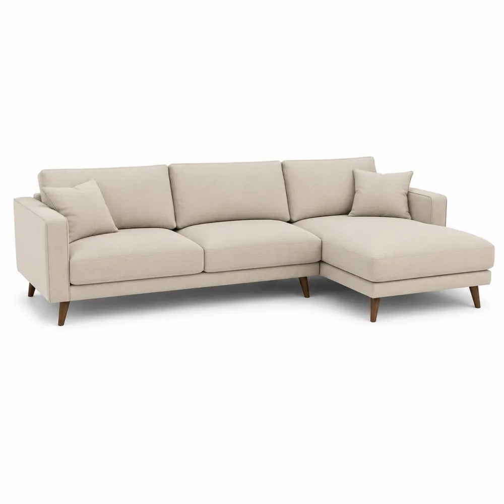 Canapé d'angle 3 places méridienne droite 260 cm x 160 cm x 85 cm tissu polyester beige structure bois massif pieds bois naturel