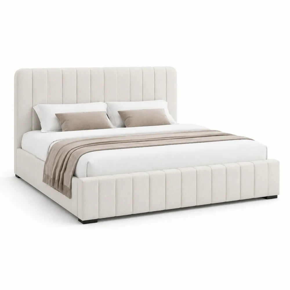 Lit cadre de lit avec tête et pied de lit capitonnés tissu polyester beige couchage 160 x 200 cm structure MDF bois 210 x 170 x 110 cm
