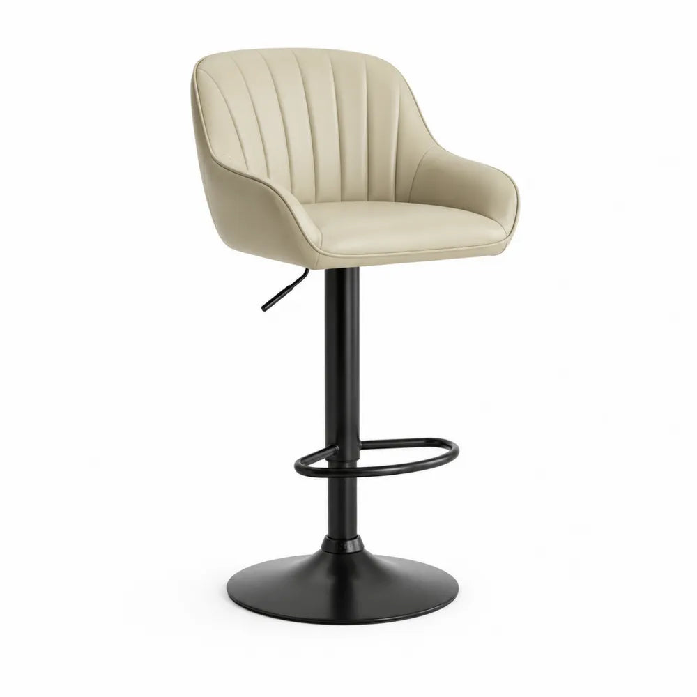tabouret de bar réglable 45 x 45 x 90 à 110 cm assise rembourrée PU beige dossier cannelé base ronde acier noir repose-pieds circulaire forme pivotante