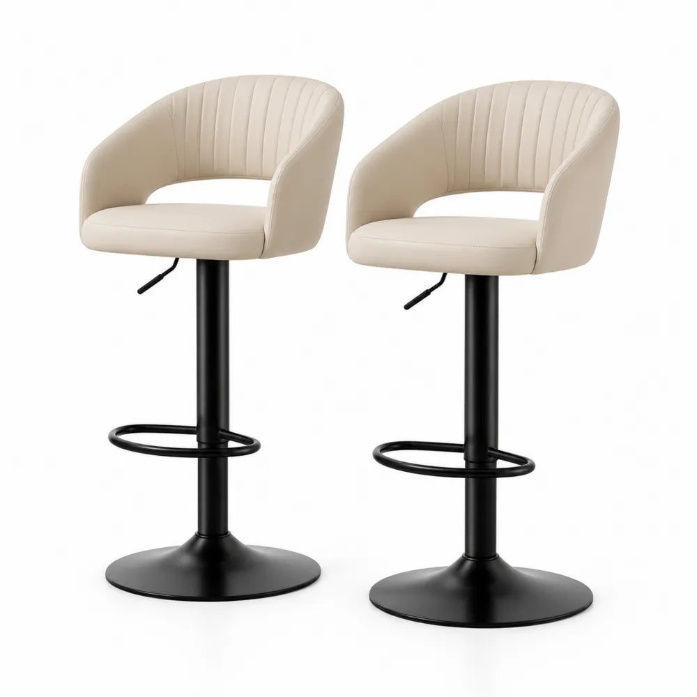 Tabourets de bar réglables lot de 2 85 à 105 cm assise PU beige structure acier noir dossier incurvé repose-pieds circulaire base ronde métal