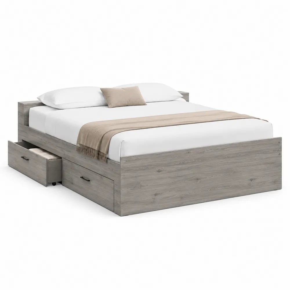 Lit coffre 160 x 200 cm cadre avec tiroirs MDF décor chêne gris 215 x 165 x 105 cm forme rectangulaire