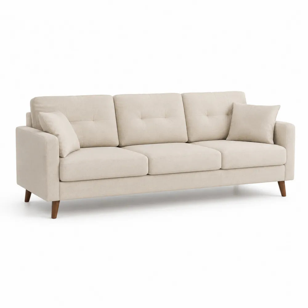 Canapé droit 3 places 210 cm 85 cm 85 cm tissu polyester beige structure bois massif pieds bois