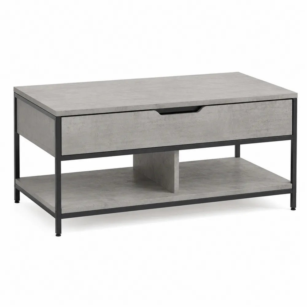 Table basse rectangulaire 110 cm x 55 cm x 45 cm avec tiroir et tablette inférieure en panneaux de particules effet béton gris et structure acier noir