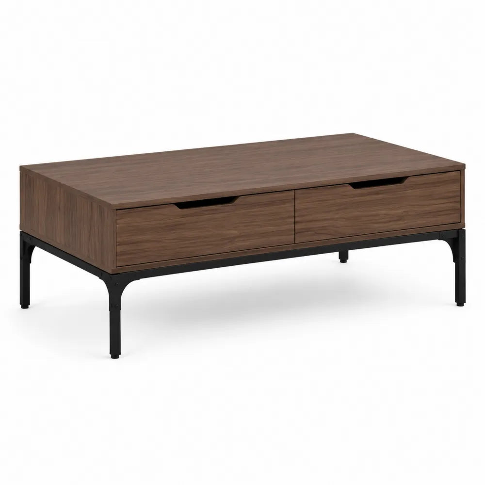 Table basse rectangulaire 120 cm x 60 cm x 45 cm MDF décor noyer avec 2 tiroirs et structure acier noir