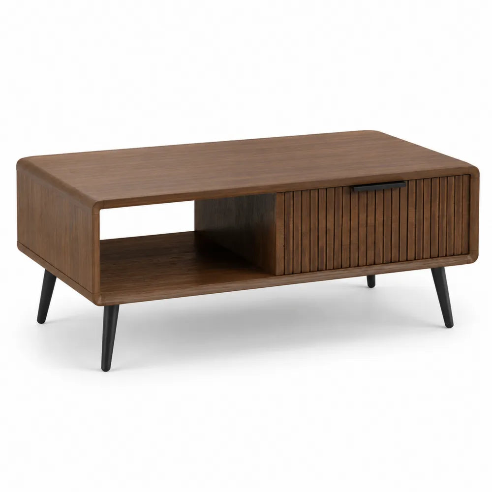 Table basse rectangulaire 110 cm 55 cm 40 cm MDF mélaminé noyer tiroir façade rainurée étagère ouverte pieds métal noir