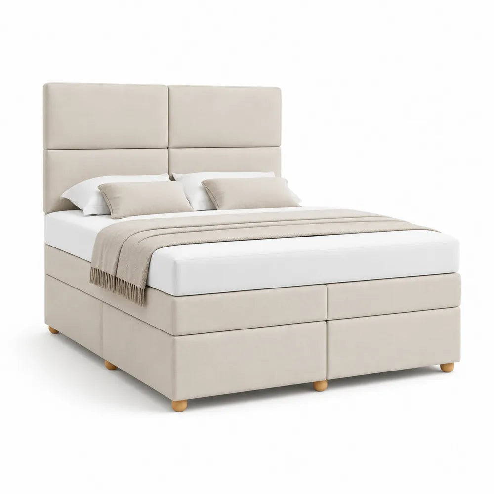 lit double 160 x 200 cm cadre de lit rembourré polyester beige crème tête 4 panneaux avec rangements tiroirs pieds bois massif forme rectangulaire