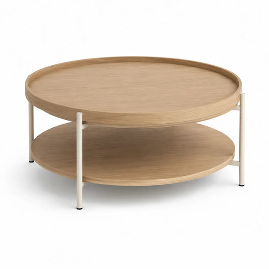 Table basse ronde double plateau 80 cm 80 cm 40 cm MDF mélaminé chêne clair structure métal blanc