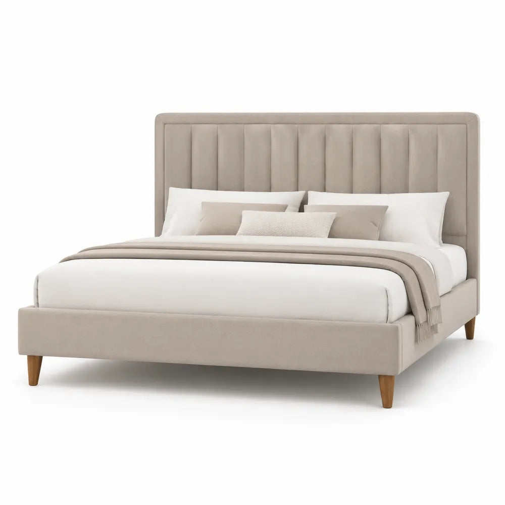 Lit double cadre de lit avec tête de lit capitonnée tissu polyester beige structure bois et métal forme rectangulaire