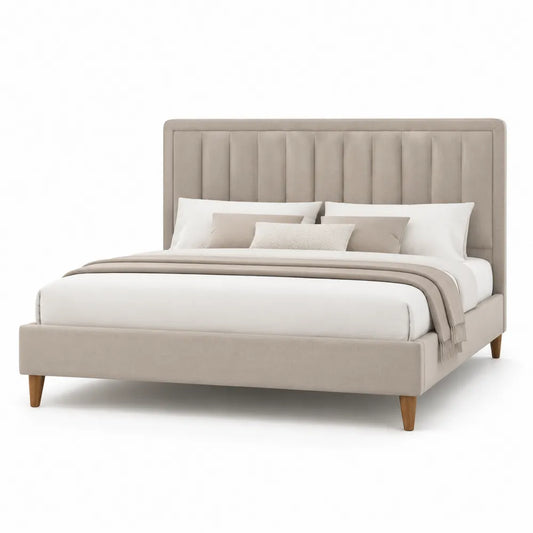 Lit double cadre de lit avec tête de lit capitonnée tissu polyester beige structure bois et métal forme rectangulaire