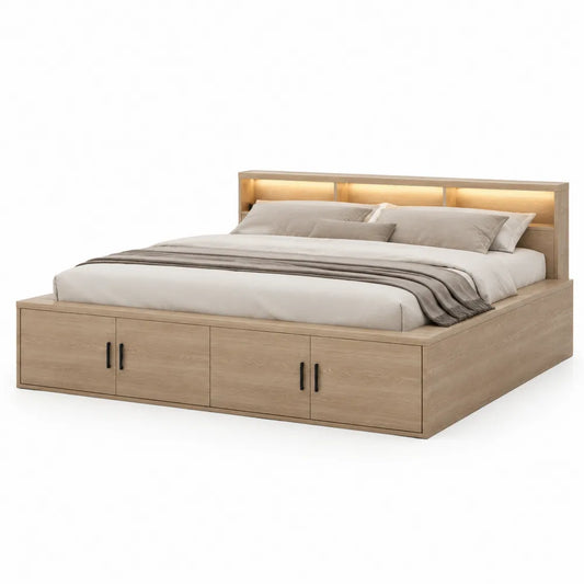 Lit coffre 160 x 200 cm avec tiroirs de rangement bois naturel tête de lit avec éclairage LED structure panneaux MDF sommier plateforme