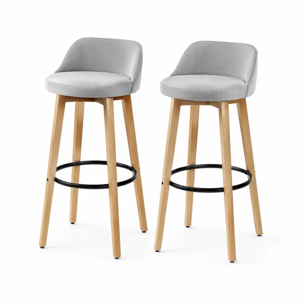 Tabourets de bar lot de 2 hauteur fixe assise 75 cm tissu gris structure bois naturel repose-pieds circulaire acier noir dossier bas incurvé