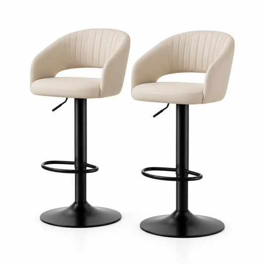 Tabourets de bar réglables lot de 2 85 à 105 cm assise PU beige structure acier noir dossier incurvé repose-pieds circulaire base ronde métal