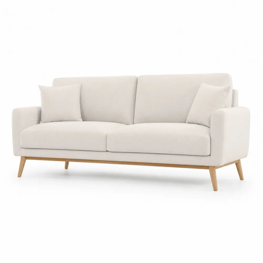 Canapé 2 places 160 cm largeur tissu polyester beige structure bois massif pieds bois naturel dossier rembourré assise large