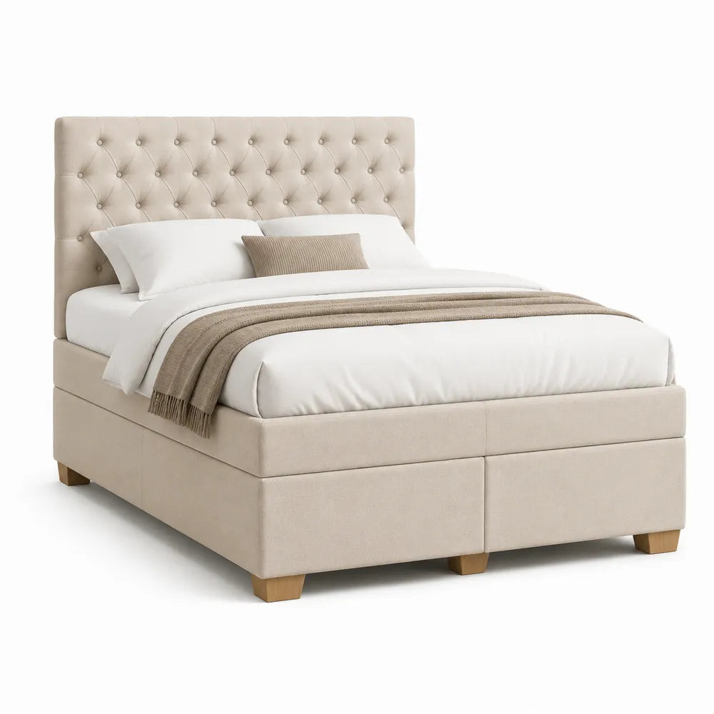 Lit cadre 160 x 200 cm tissu polyester beige tête de lit capitonnée à boutons structure MDF et panneaux de particules pieds bois massif