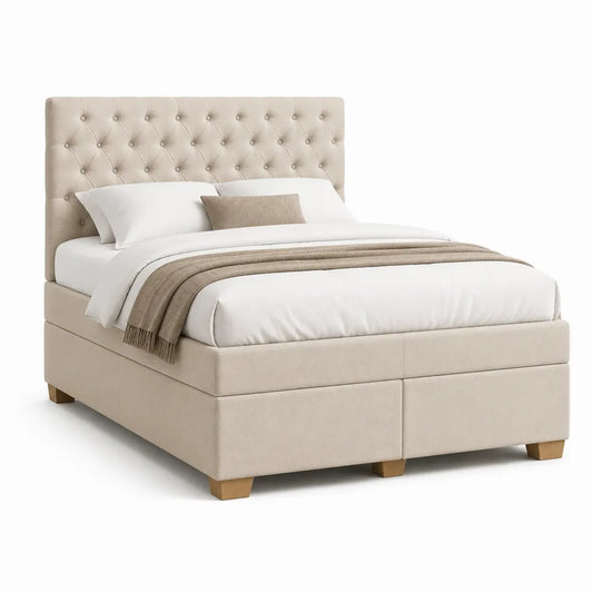 Lit cadre 160 x 200 cm tissu polyester beige tête de lit capitonnée à boutons structure MDF et panneaux de particules pieds bois massif