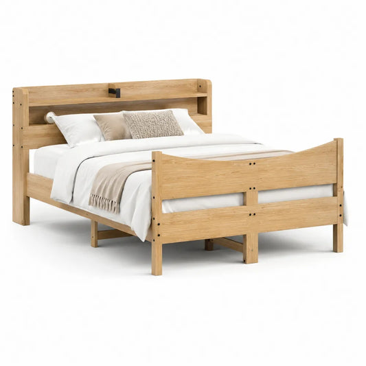 Lit 140 x 190 cm en pin massif finition chêne clair avec tête de lit étagère et niches rangement sommier à lattes cadre rectangulaire
