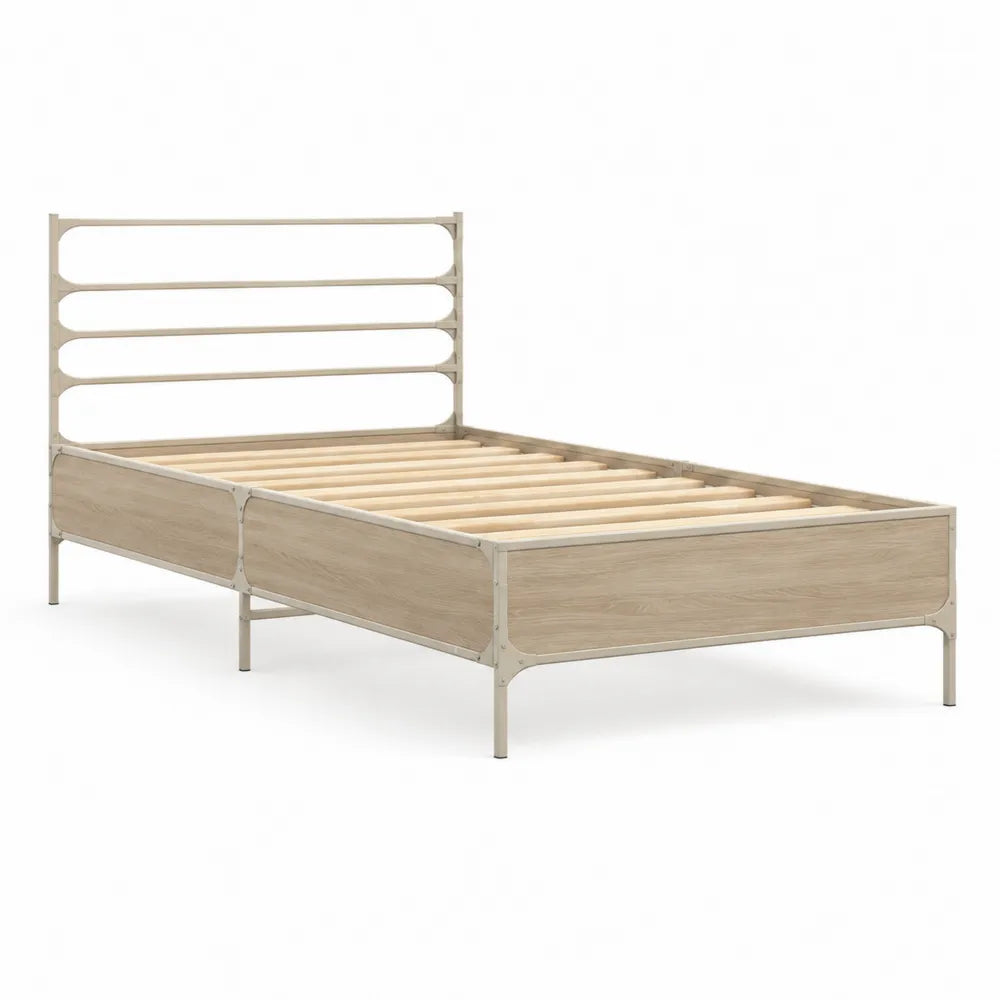 Lit cadre 90 x 200 cm acier thermolaqué beige panneaux MDF effet bois clair tête à lattes horizontales 205 x 95 x 110 cm