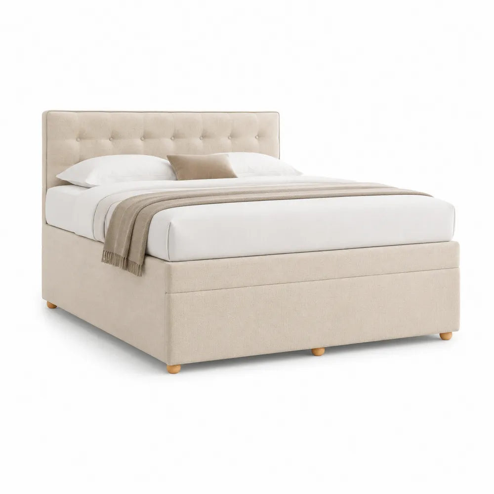 Lit coffre 160 x 200 cm tête de lit capitonnée tissu polyester beige structure MDF forme rectangulaire pieds bois naturel 210 x 170 x 105 cm