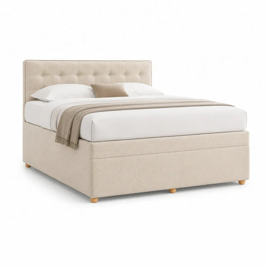 Lit coffre 160 x 200 cm tête de lit capitonnée tissu polyester beige structure MDF forme rectangulaire pieds bois naturel 210 x 170 x 105 cm