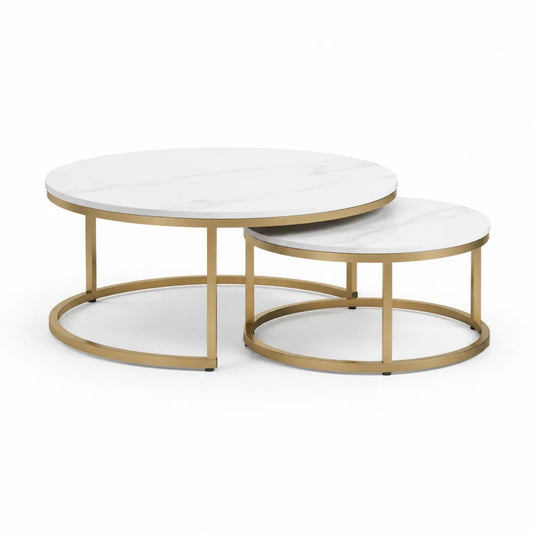 Tables basses gigognes rondes lot de 2 80 cm et 60 cm plateau effet marbre blanc structure métal doré