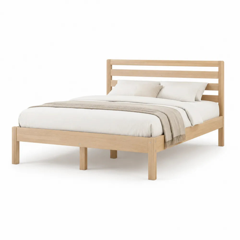 Lit double 140 x 190 cm bois massif pin finition chêne clair tête de lit à lattes horizontales structure bois pieds bois massif