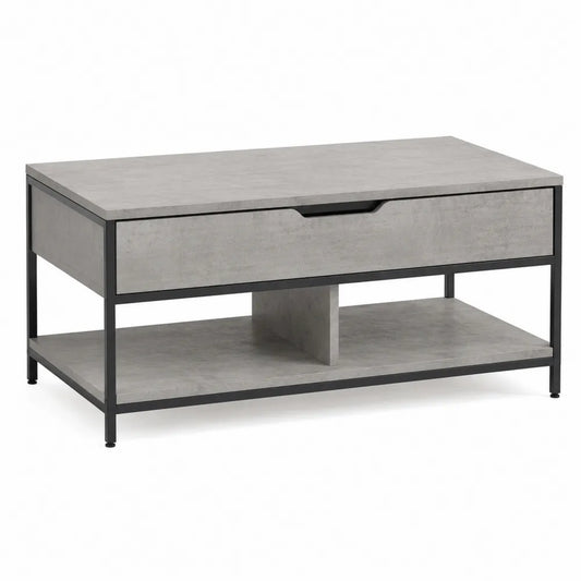 Table basse rectangulaire 110 cm x 55 cm x 45 cm avec tiroir et tablette inférieure en panneaux de particules effet béton gris et structure acier noir