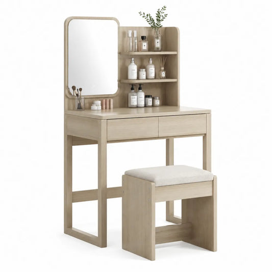 Coiffeuse avec miroir 100 x 45 x 135 cm étagères intégrées et tabouret structure MDF décor bois clair tiroirs et rangement ouvert forme rectangulaire