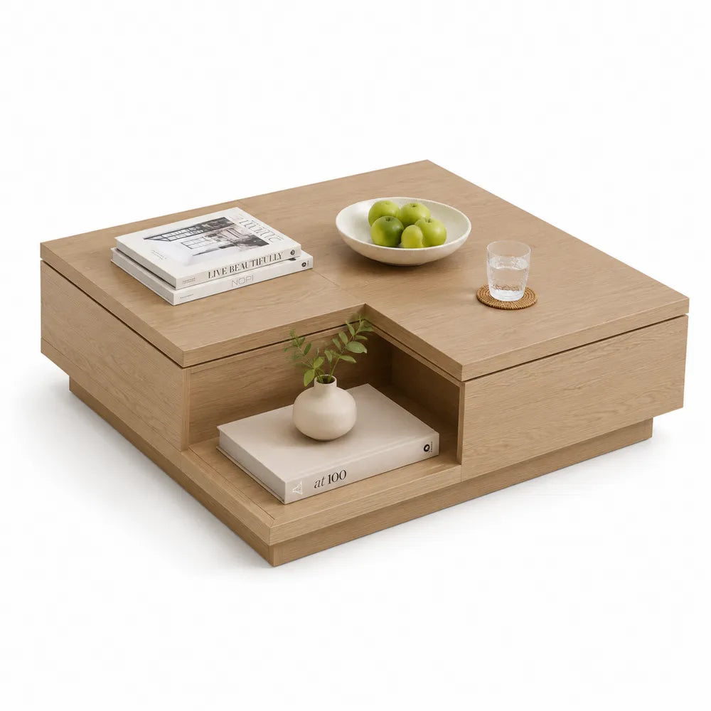 Table basse carrée 100 cm x 100 cm x 36 cm avec tiroir et niche ouverte en panneaux de particules décor chêne clair