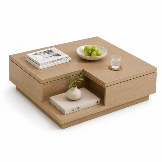 Table basse carrée 100 cm x 100 cm x 36 cm avec tiroir et niche ouverte en panneaux de particules décor chêne clair