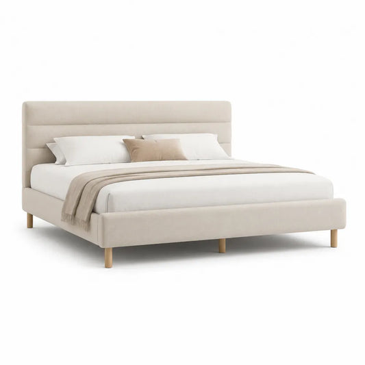 Lit cadre 160 x 200 cm tête de lit rembourrée à panneaux horizontaux tissu polyester beige structure MDF et bois massif pieds bois forme rectangulaire