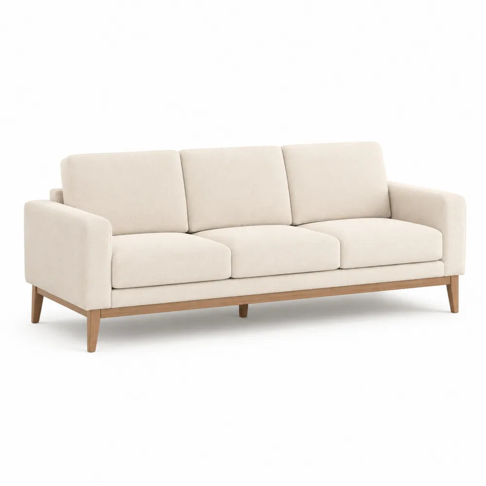 Canapé 3 places droit 200 cm x 85 cm x 85 cm tissu polyester beige structure bois massif pieds bois naturel