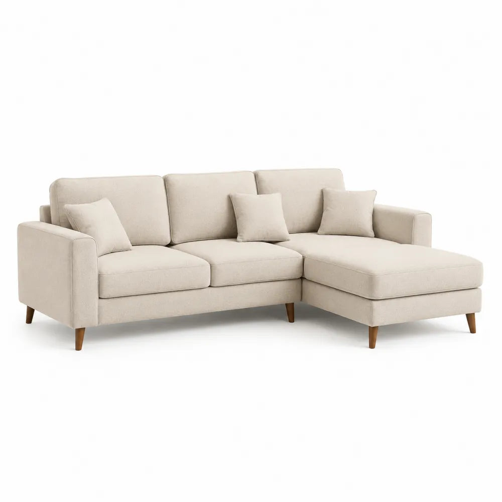 Canapé d’angle 260x160x85 cm tissu polyester beige méridienne droite structure bois massif pieds bois naturel coussins inclus