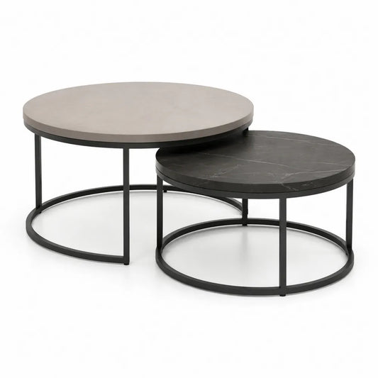 Tables basses gigognes rondes 80 cm 60 cm MDF mélaminé effet marbre beige et noir structure métal noir