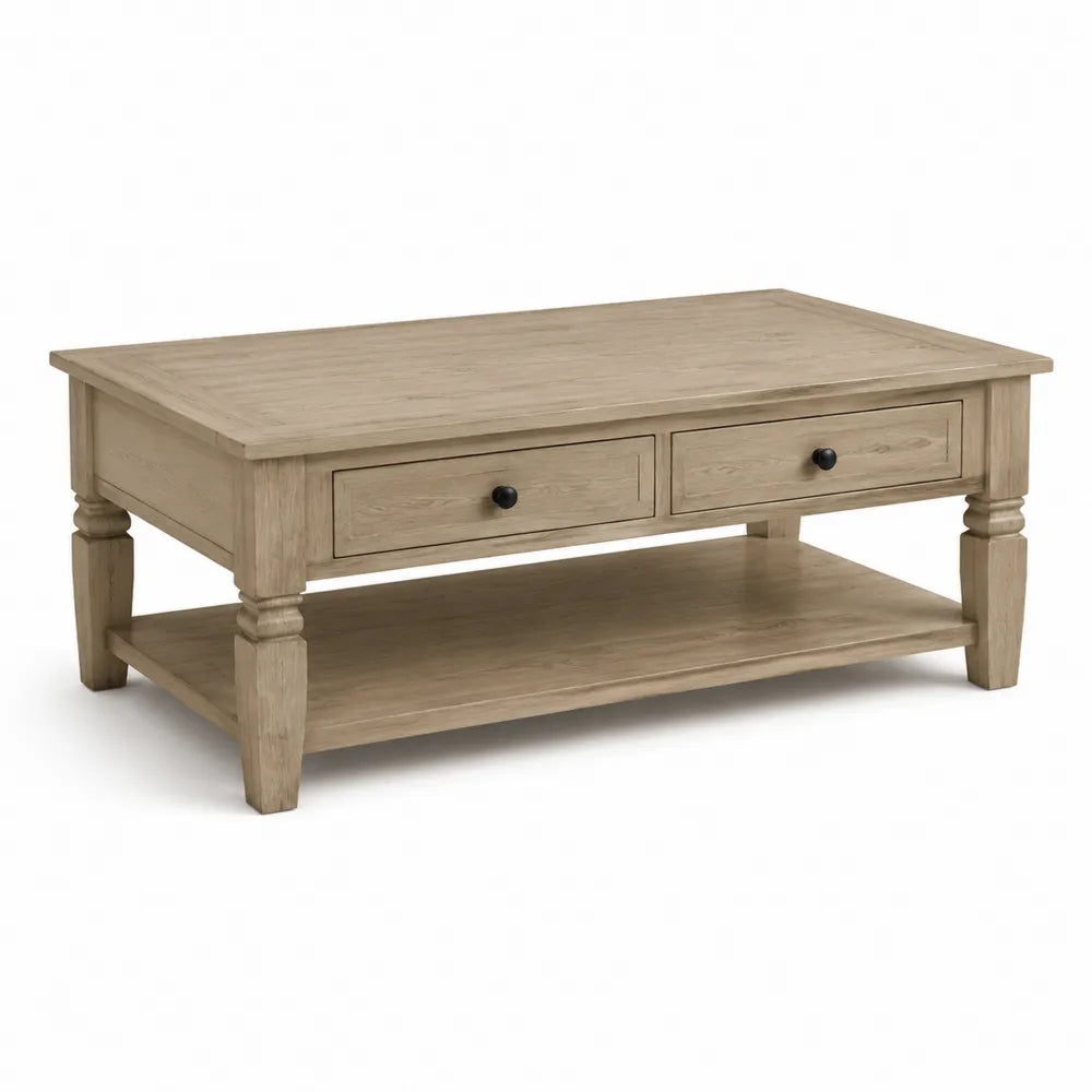 Table basse rectangulaire 120 cm x 60 cm x 45 cm MDF placage chêne clair avec 2 tiroirs et étagère inférieure