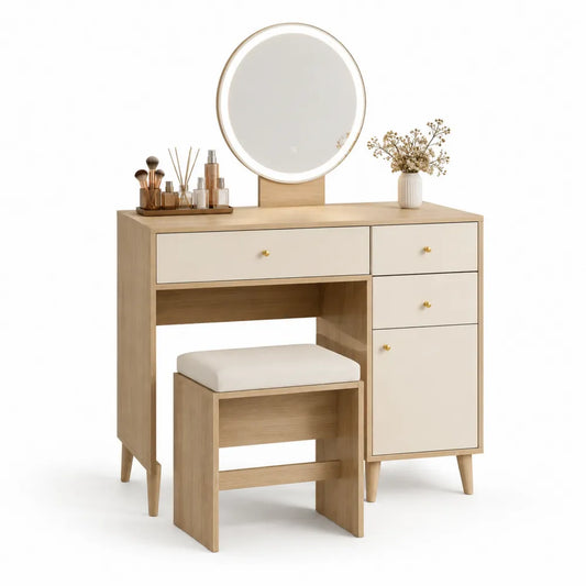 coiffeuse 100 x 45 x 75 cm MDF mélaminé chêne clair beige miroir rond LED 60 cm tiroirs multiples niche tabouret inclus pieds bois forme rectangulaire