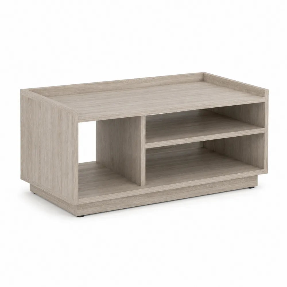 Table basse rectangulaire 100 cm x 60 cm x 40 cm en MDF mélaminé effet chêne clair avec niches ouvertes et séparateur central