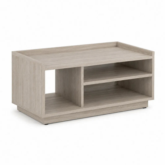 Table basse rectangulaire 100 cm x 60 cm x 40 cm en MDF mélaminé effet chêne clair avec niches ouvertes et séparateur central