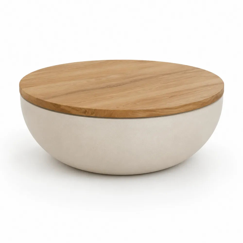 Table basse ronde 80 cm x 35 cm plateau bois naturel base en céramique forme demi-sphère beige