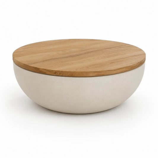 Table basse ronde 80 cm x 35 cm plateau bois naturel base en céramique forme demi-sphère beige