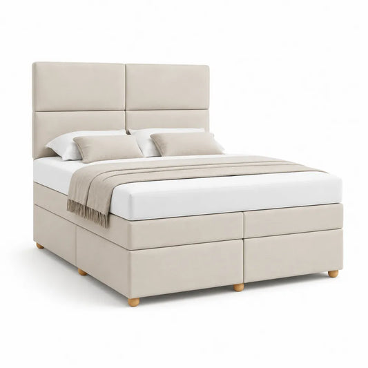 lit double 160 x 200 cm cadre de lit rembourré polyester beige crème tête 4 panneaux avec rangements tiroirs pieds bois massif forme rectangulaire